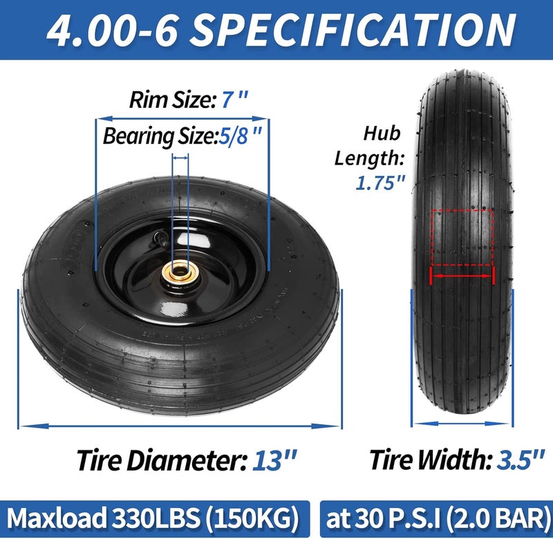 GICOOL 4.00-6 Tire and Wheel, 13" Wheelbarrow Pneumatic Tire, 5/8" & 3/4" Bearings, 1.75-6" Centered Hub,Sealed Bearings for Wheelbarrows Trolley Dolly Garden Wagon Cart Wheel Replacement - Image 2